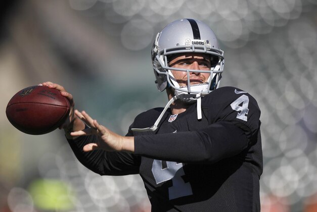Nov 9, 2014; Oakland, CA, USA; Oakland Raiders quarterback Derek Carr (4) prepares to throw a pass before the start of the game against the Denver Broncos at O.co Coliseum. Mandatory Credit: Cary Edmondson-USA TODAY Sports