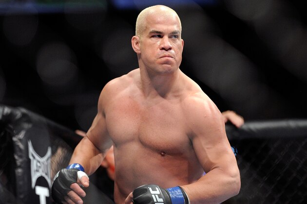 Tito Ortiz eyes his opponent, Forrest Griffin before his UFC 148 light heavyweight fight Saturday, July 7, 2012, in Las Vegas. Griffin won the bout by a unanimous decision. (AP Photo/David Becker)