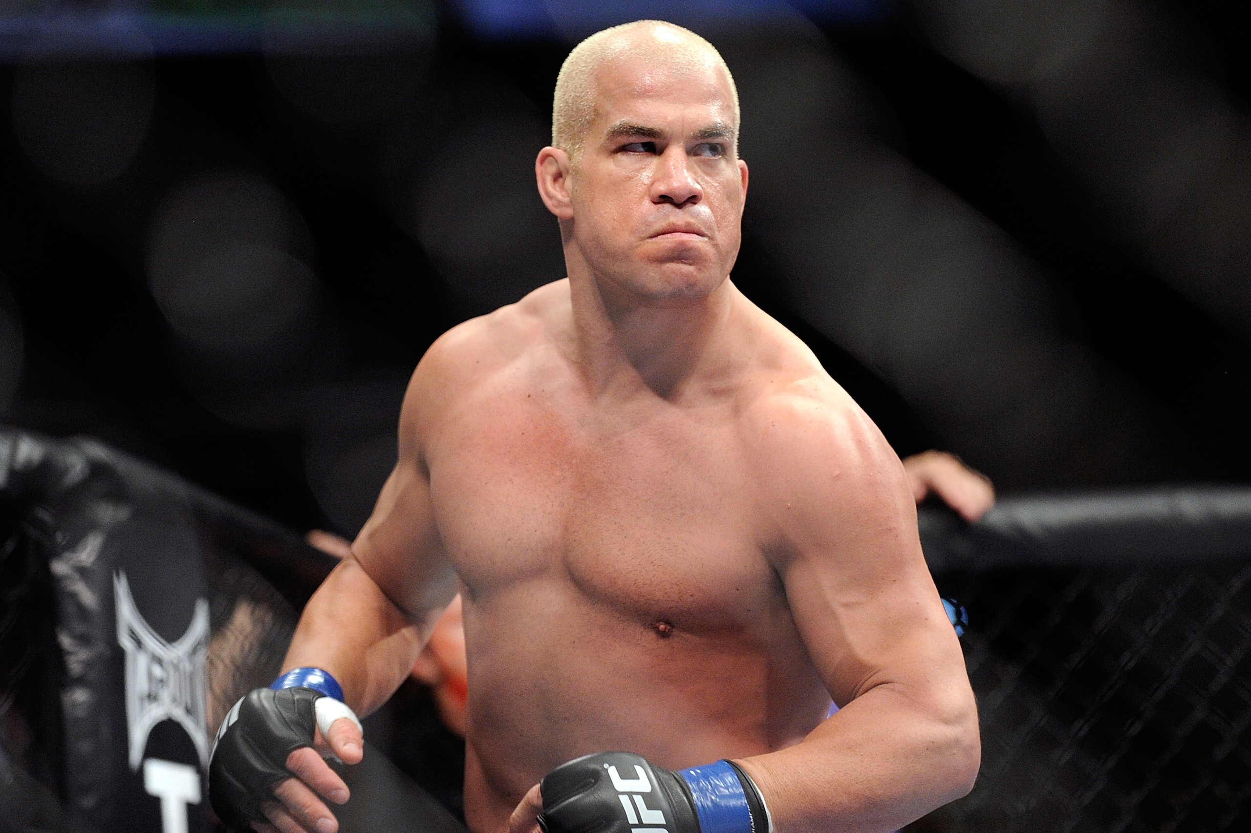 Tito Ortiz eyes his opponent, Forrest Griffin before his UFC 148 light heavyweight fight Saturday, July 7, 2012, in Las Vegas. Griffin won the bout by a unanimous decision. (AP Photo/David Becker)