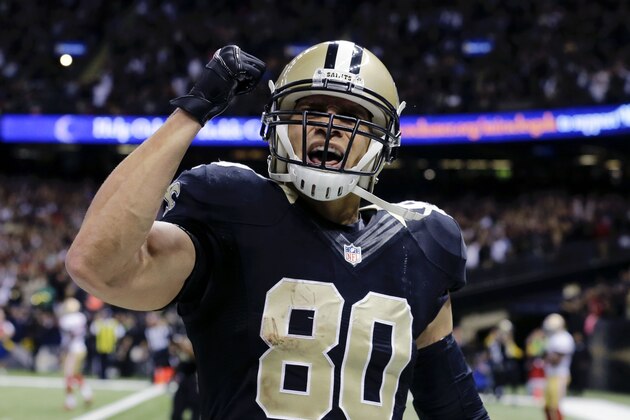 New Orleans Saints tight end Jimmy Graham celebrates his touchdown reception against the San Francisco 49ers late in the second half of an NFL football game in New Orleans, Sunday, Nov. 9, 2014. (AP Photo/Bill Haber)