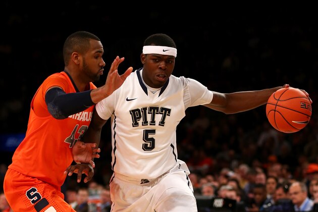NEW YORK, NY - MARCH 14:  Durand Johnson #5 of the Pittsburgh Panthers drives in the second half against James Southerland #43 of the Syracuse Orange during the quaterfinals of the Big East Men's Basketball Tournament at Madison Square Garden on March 14, 2013 in New York City.  (Photo by Elsa/Getty Images)