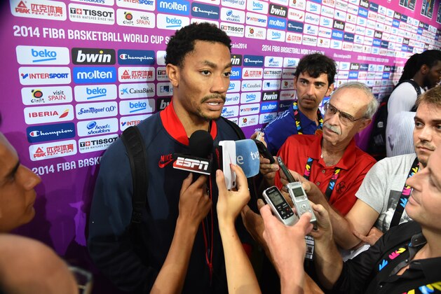 BARCELONA, SPAIN - SEPTEMBER 5:  Derrick Rose of the USA Basketball Men's National Team speaks to the media after practice at Palau Sant Jordi on September 5, 2014 in Barcelona, Spain.  NOTE TO USER: User expressly acknowledges and agrees that, by downloading and/or using this Photograph, user is consenting to the terms and conditions of the Getty Images License Agreement. Mandatory Copyright Notice: Copyright 2014 NBAE (Photo by Jesse D. Garrabrant/NBAE via Getty Images)