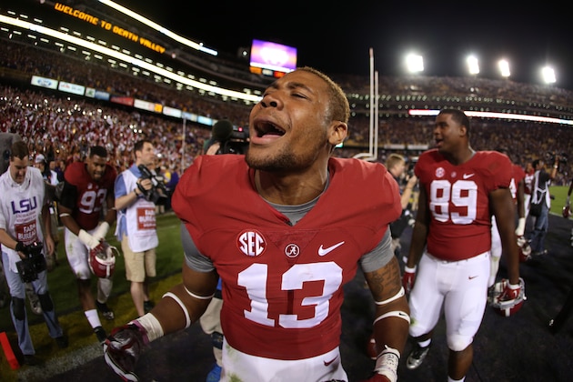 BATON ROUGE, LA - NOVEMBER 08:  ArDarius Stewart #13 of the Alabama Crimson Tide celebrates after winning in overtime against the LSU Tigers at Tiger Stadium on November 8, 2014 in Baton Rouge, Louisiana.  (Photo by Chris Graythen/Getty Images)