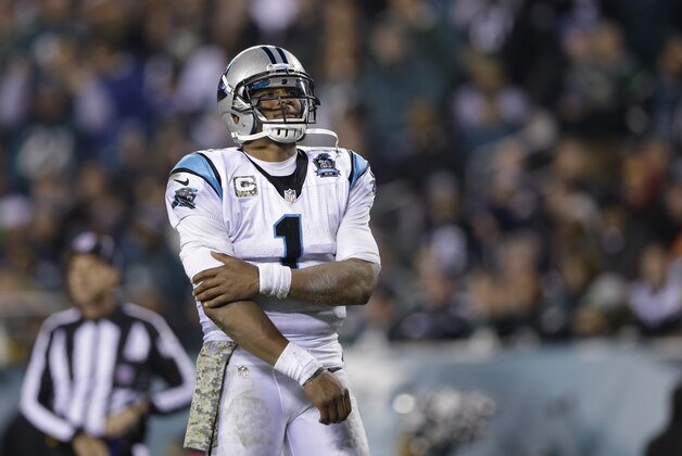 Carolina Panthers' Cam Newton is seen during an NFL football game against the Philadelphia Eagles on Monday, Nov. 10, 2014, in Philadelphia. (AP Photo/Michael Perez)