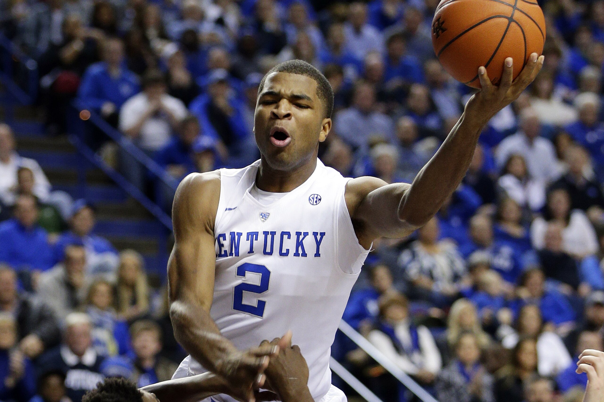 Kentucky's Aaron Harrison (2) is fouled by Grand Canyon's De'Andre Davis during the first half of an NCAA college basketball game, Friday, Nov. 14, 2014, in Lexington, Ky. (AP Photo/James Crisp) Kentucky's Aaron Harrison (2) is fouled by Grand Canyon's De'Andre Davis during the first half of an NCAA college basketball game, Friday, Nov. 14, 2014, in Lexington, Ky. (AP Photo/James Crisp)