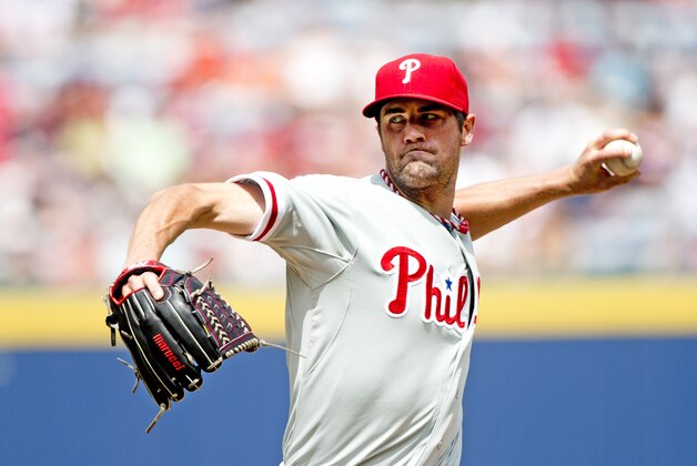 Philadelphia Phillies starting pitcher Cole Hamels works in the first inning of a baseball game against the Atlanta Braves Monday, Sept. 1, 2014, in Atlanta. Hamels combined with relief pitchers Ken Giles, Jonathan Papelbon and Jake Diekman for a no hitter. (AP Photo/John Bazemore)