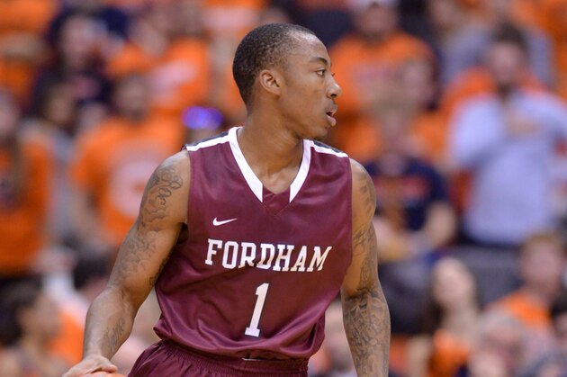 Nov 12, 2013; Syracuse, NY, USA; Fordham Rams guard Mandell Thomas (1) dribbles the ball during the first half of a game against the Syracuse Orange at the Carrier Dome. Mandatory Credit: Mark Konezny-USA TODAY Sports