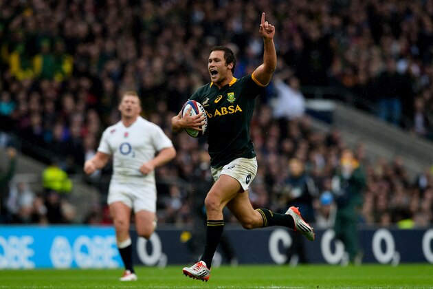 LONDON, ENGLAND - NOVEMBER 15:  Jan Serfontein of South Africa celebrates as he runs in the opening try during the QBE Intenational match between England and South Africa at Twickenham Stadium on November 15, 2014 in London, England.  (Photo by Mike Hewitt/Getty Images)