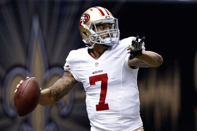 San Francisco 49ers quarterback Colin Kaepernick (7) warms up before an NFL football game against the New Orleans Saints in New Orleans, Sunday, Nov. 9, 2014. (AP Photo/Jonathan Bachman)