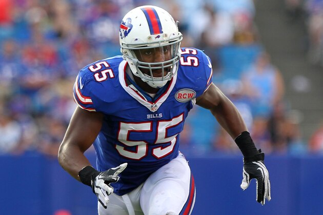 Buffalo Bills linebacker Jerry Hughes (55) defends during the second half of a preseason NFL football game against the Tampa Bay Buccaneers Saturday, Aug. 23, 2014, in Orchard Park, N.Y. (AP Photo/Bill Wippert)