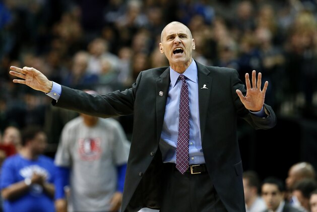 Dallas Mavericks coach Rick Carlisle calls to his players late in the second half of an NBA basketball game against the Sacramento Kings, Tuesday, Nov. 11, 2014, in Dallas. The Mavericks won 106-98. (AP Photo/Tony Gutierrez)