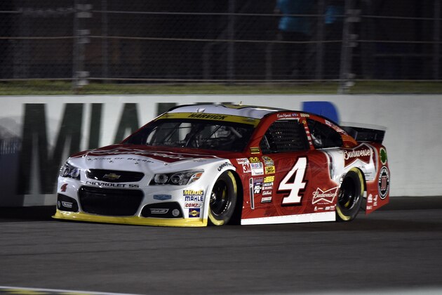 Nov 14, 2014; Homestead, Miami, USA; NASCAR Sprint Cup Series driver Kevin Harvick during qualifying for the Ford EcoBoost 400 at Homestead-Miami Speedway. Mandatory Credit: Jerome Miron-USA TODAY Sports