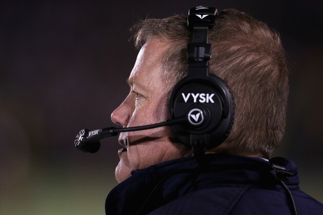 SOUTH BEND, IN - NOVEMBER 15: Head coach Brian Kelly of the Notre Dame Fighting Irish watches as his team takes on the Northwestern Wildcats at Notre Dame Stadium on November 15, 2014 in South Bend, Indiana. Northwestern defeated Notre Dame 43-40 in overtime. (Photo by Jonathan Daniel/Getty Images)