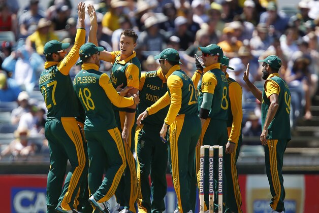 South Africa's Morne Morkel, center left, is congratulated after taking the wicket of Australia's Mitchell Johnson, not pictured, during their second one day international cricket match in Perth, Australia, Sunday, Nov. 16, 2014. (AP Photo/Theron Kirkman)
