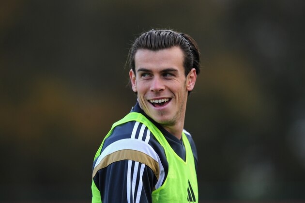 CARDIFF, WALES - NOVEMBER 15:  Wales player Gareth Bale raises a smile during Wales football training ahead of tomorrow's UEFA Euro 2016 qualifying match against Belguim on November 15, 2014 in Cardiff, Wales.  (Photo by Stu Forster/Getty Images)