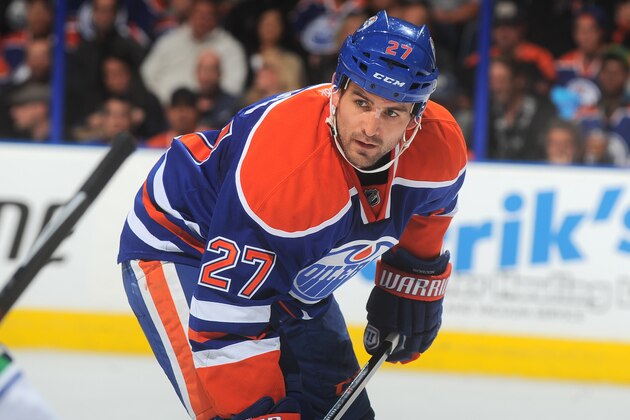 EDMONTON, AB - OCTOBER 17: Boyd Gordon #27 of the Edmonton Oilers lines up for a face off in a game against the Vancouver Canucks on October 17, 2014 at Rexall Place in Edmonton, Alberta, Canada. (Photo by Andy Devlin/NHLI via Getty Images)