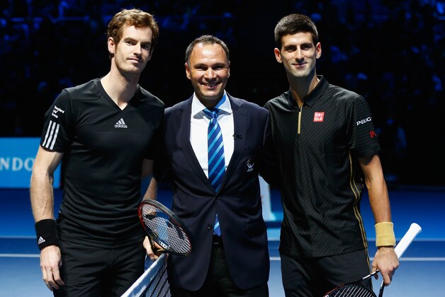 LONDON, ENGLAND - NOVEMBER 16:  Novak Djokovic of Serbia and Andy Murray of Great Britain pose ahead of the exhibition matchon day eight of the Barclays ATP World Tour Finals at O2 Arena on November 16, 2014 in London, England. The Singles final was replaced with and exhibition match after Roger Federer of Switzerland pulled out with an injury.  (Photo by Julian Finney/Getty Images)
