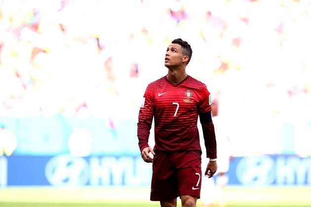 BRASILIA, BRAZIL - JUNE 26:  Cristiano Ronaldo of Portugal controls the ball during the 2014 FIFA World Cup Brazil Group G match between Portugal and Ghana at Estadio Nacional on June 26, 2014 in Brasilia, Brazil.  (Photo by Adam Pretty/Getty Images)