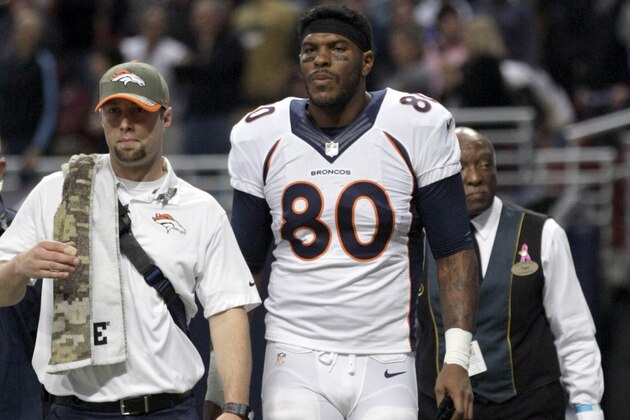 Denver Broncos tight end Julius Thomas walks off the field during the first quarter of an NFL football game against the St. Louis Rams Sunday, Nov. 16, 2014, in St. Louis. (AP Photo/Tom Gannam)