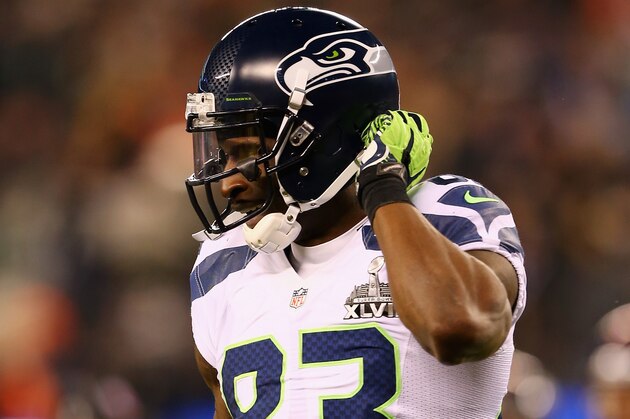 EAST RUTHERFORD, NJ - FEBRUARY 02:  Wide receiver Ricardo Lockette #83 of the Seattle Seahawks gestures during Super Bowl XLVIII at MetLife Stadium on February 2, 2014 in East Rutherford, New Jersey.  (Photo by Elsa/Getty Images)