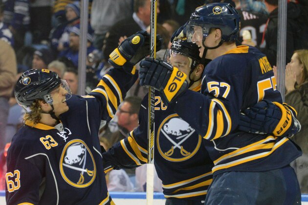 Buffalo Sabres' Tyler Ennis (63) skates in to celebrate with Zemgus Girgensons (28) and Tyler Myers (57) after Myers scored during the third period of an NHL hockey game Saturday, Nov. 15, 2014, in Buffalo, N.Y.  Buffalo won 6-2. (AP Photo/Adam Wiepert)