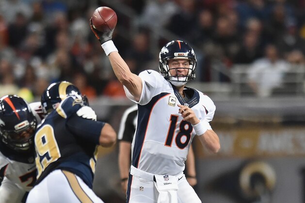 ST. LOUIS, MO - NOVEMBER 16: Peyton Manning #18 of the Denver Broncos passes against the St. Louis Rams in the first quarter at the Edward Jones Dome on November 16, 2014 in St. Louis, Missouri.  (Photo by Michael B. Thomas/Getty Images)