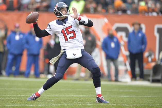 Houston Texans quarterback Ryan Mallett passes against the Cleveland Browns in the first quarter of an NFL football game Sunday, Nov. 16, 2014, in Cleveland. (AP Photo/David Richard)