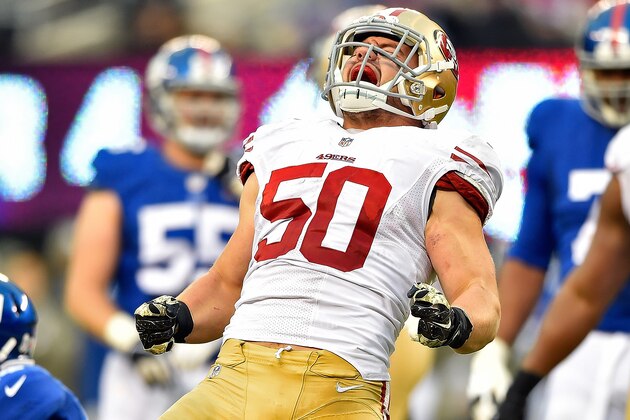 EAST RUTHERFORD, NJ - NOVEMBER 16:   Chris Borland #50 of the San Francisco 49ers celebrates after a tackle against the New York Giants in the fourth quarter at MetLife Stadium on November 16, 2014 in East Rutherford, New Jersey.  (Photo by Al Bello/Getty Images)