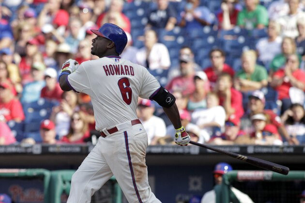 Philadelphia Phillies' Ryan Howard in baseball action against the Atlanta Braves Sunday, Sept. 28, 2014, in Philadelphia.  (AP Photo/H. Rumph Jr)
