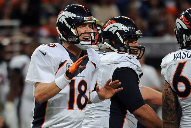 Denver Broncos quarterback Peyton Manning yells during the fourth quarter of an NFL football game against the St. Louis Rams Sunday, Nov. 16, 2014, in St. Louis. (AP Photo/L.G. Patterson)