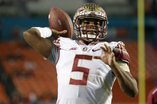 Florida State quarterback Jameis Winston warms up before an NCAA football game against Miami, Saturday, Nov. 15, 2014, in Miami Gardens, Fla. (AP Photo/Lynne Sladky)