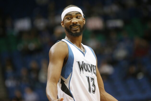 Minnesota Timberwolves' Corey Brewer plays against the Indiana Pacers in the second half of a preseason NBA basketball game, Tuesday, Oct. 21, 2014, in Minneapolis. The Timberwolves won 107-89. (AP Photo/Jim Mone)