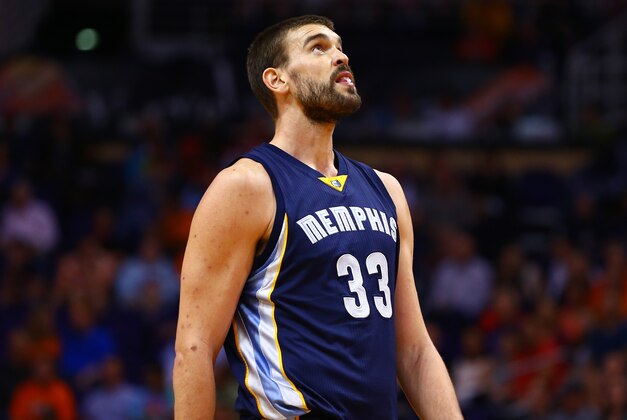 Nov 5, 2014; Phoenix, AZ, USA; Memphis Grizzlies center Marc Gasol (33) reacts against the Phoenix Suns at US Airways Center. The Grizzlies defeated the Suns 102-91. Mandatory Credit: Mark J. Rebilas-USA TODAY Sports