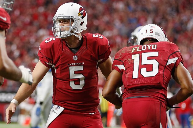 GLENDALE, AZ - NOVEMBER 16:  Quarterback Drew Stanton #5 of the Arizona Cardinals congratulates wide receiver Michael Floyd #15 after scoring a 12 yard touchdown reception in the first quarter during the NFL game against the Detroit Lions at the University of Phoenix Stadium on November 16, 2014 in Glendale, Arizona.  (Photo by Christian Petersen/Getty Images)