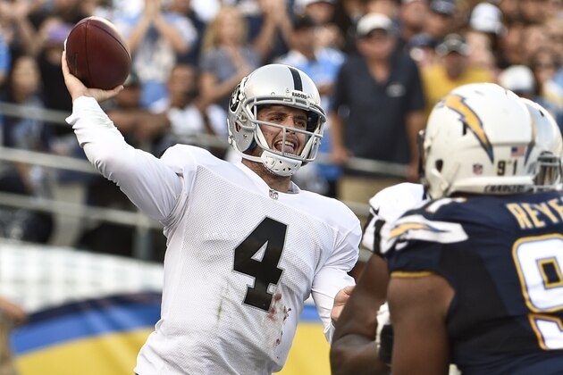 Oakland Raiders quarterback Derek Carr throws  pass against the San Diego Chargers during the second half of an NFL football game Sunday, Nov. 16, 2014, in San Diego. (AP Photo/Denis Poroy)