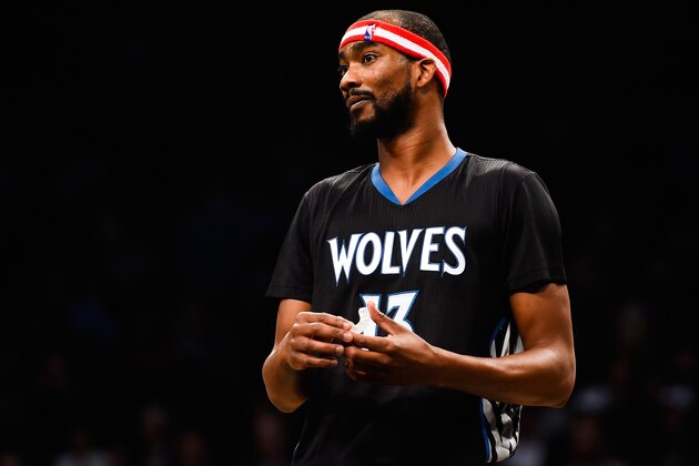 NEW YORK, NY - NOVEMBER 05:  Corey Brewer #13 of the Minnesota Timberwolves looks on during a game against the Brooklyn Nets at the Barclays Center on November 5, 2014 in the Brooklyn borough of New York City. NOTE TO USER: User expressly acknowledges and agrees that, by downloading and/or using this photograph, user is consenting to the terms and conditions of the Getty Images License Agreement.  (Photo by Alex Goodlett/Getty Images)