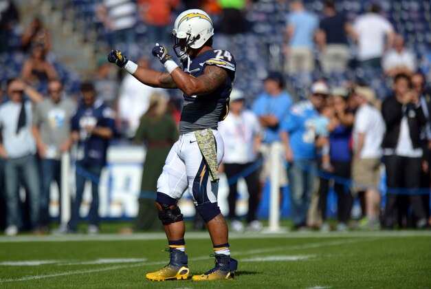 Nov 16, 2014; San Diego, CA, USA; San Diego Chargers running back Ryan Mathews (24) dances during warm ups before the game against the Oakland Raiders at Qualcomm Stadium. Mandatory Credit: Jake Roth-USA TODAY Sports