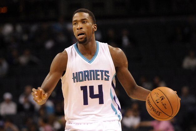 Oct 23, 2014; Charlotte, NC, USA; Charlotte Hornets forward Michael Kidd-Gilchrist (14) during the first half of the game against the Indiana Pacers at Time Warner Cable Arena. Mandatory Credit: Sam Sharpe-USA TODAY Sports