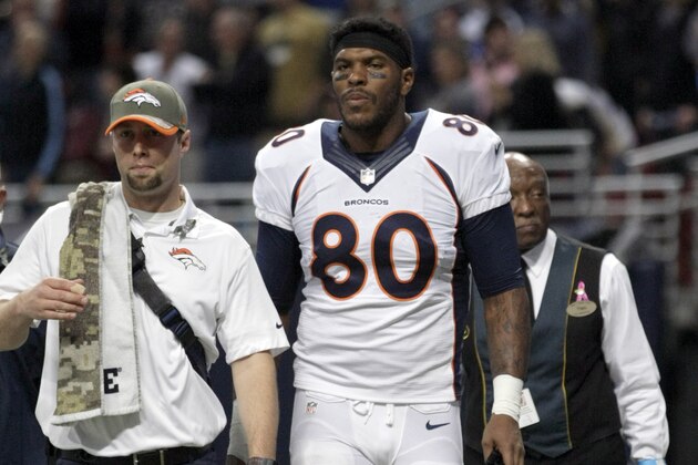 Denver Broncos tight end Julius Thomas walks off the field during the first quarter of an NFL football game against the St. Louis Rams Sunday, Nov. 16, 2014, in St. Louis. (AP Photo/Tom Gannam)