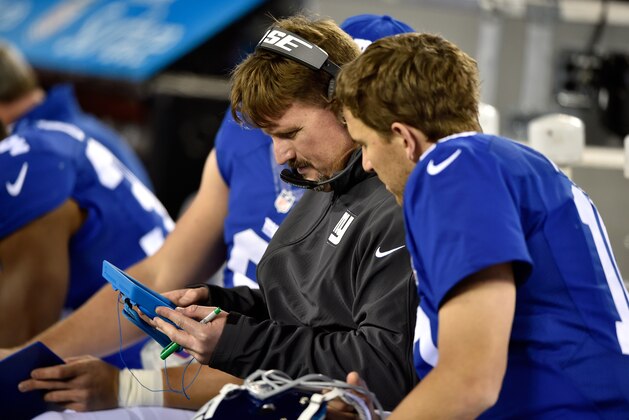 EAST RUTHERFORD, NJ - NOVEMBER 03:  Eli Manning #10 of the New York Giants goes over plays with offensive coordinator Ben McAdoo on the bench against the Indianapolis Colts during their game at MetLife Stadium on November 3, 2014 in East Rutherford, New Jersey.  (Photo by Al Bello/Getty Images)
