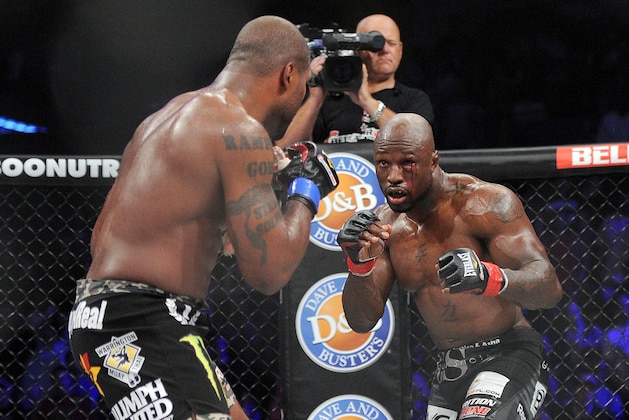 May 17, 2014; Southaven, MS, USA; Muhammed Lawal (red gloves) fights against Quinton Jackson (blue gloves) during BFC 120 at Landers Center. Quinton Jackson defeats Muhammed Lawal by unanimous decision. Mandatory Credit: Justin Ford-USA TODAY Sports
