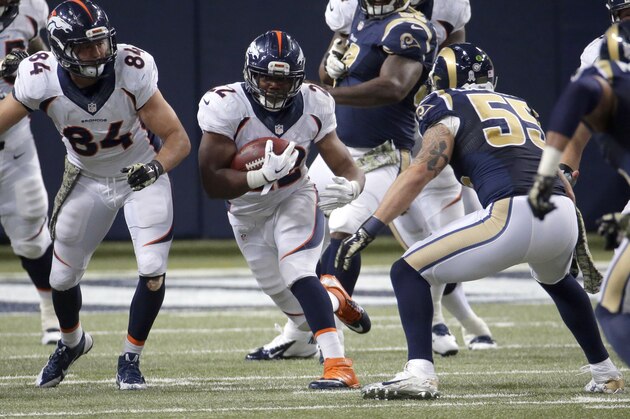 Denver Broncos running back C.J. Anderson runs with the ball during the third quarter of an NFL football game against the St. Louis Rams Sunday, Nov. 16, 2014, in St. Louis. (AP Photo/Charlie Riedel)
