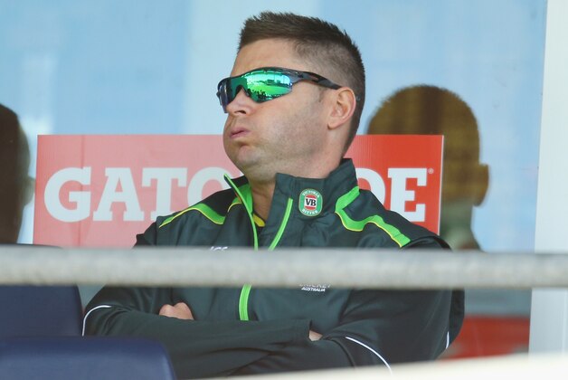 PERTH, AUSTRALIA - NOVEMBER 14:  Michael Clarke of Australia looks on as he sits injured in the players viewing box during game one of the men's one day international series between Australia and South Africa at WACA on November 14, 2014 in Perth, Australia.  (Photo by Scott Barbour/Getty Images)