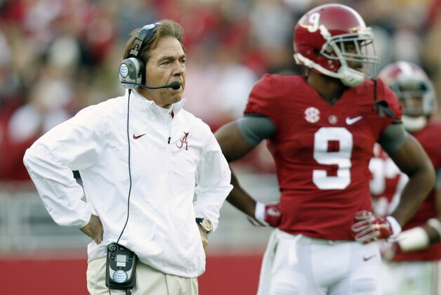 Nov 15, 2014; Tuscaloosa, AL, USA; Alabama Crimson Tide head coach Nick Saban reacts on the sideline in the second quarter against the Mississippi State Bulldogs at Bryant-Denny Stadium. Mandatory Credit: Marvin Gentry-USA TODAY Sports
