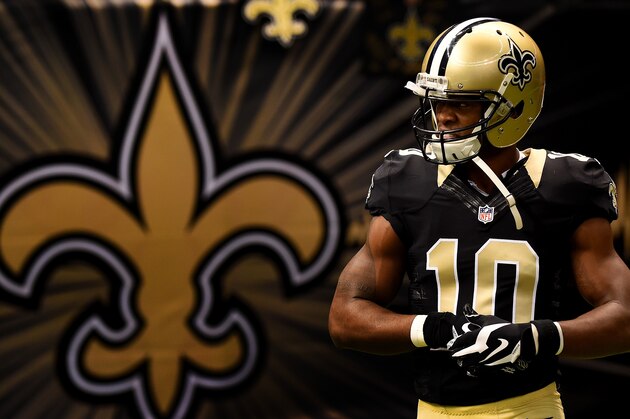 NEW ORLEANS, LA - NOVEMBER 16: Brandin Cooks #10 of the New Orleans Saints runs onto the field for warm-up prior to start of the game against the Cincinnati Bengals at Mercedes-Benz Superdome on November 16, 2014 in New Orleans, Louisiana.  (Photo by Stacy Revere/Getty Images)
