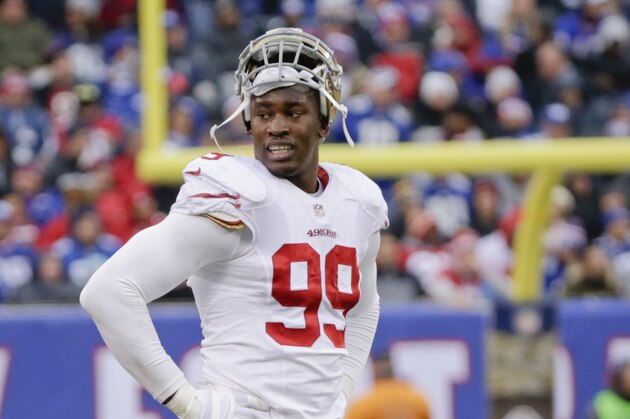 San Francisco 49ers outside linebacker Aldon Smith (99) stands on the field during the second half of an NFL football game against the New York Giants Sunday, Nov. 16, 2014, in East Rutherford, N.J.  (AP Photo/Julio Cortez)