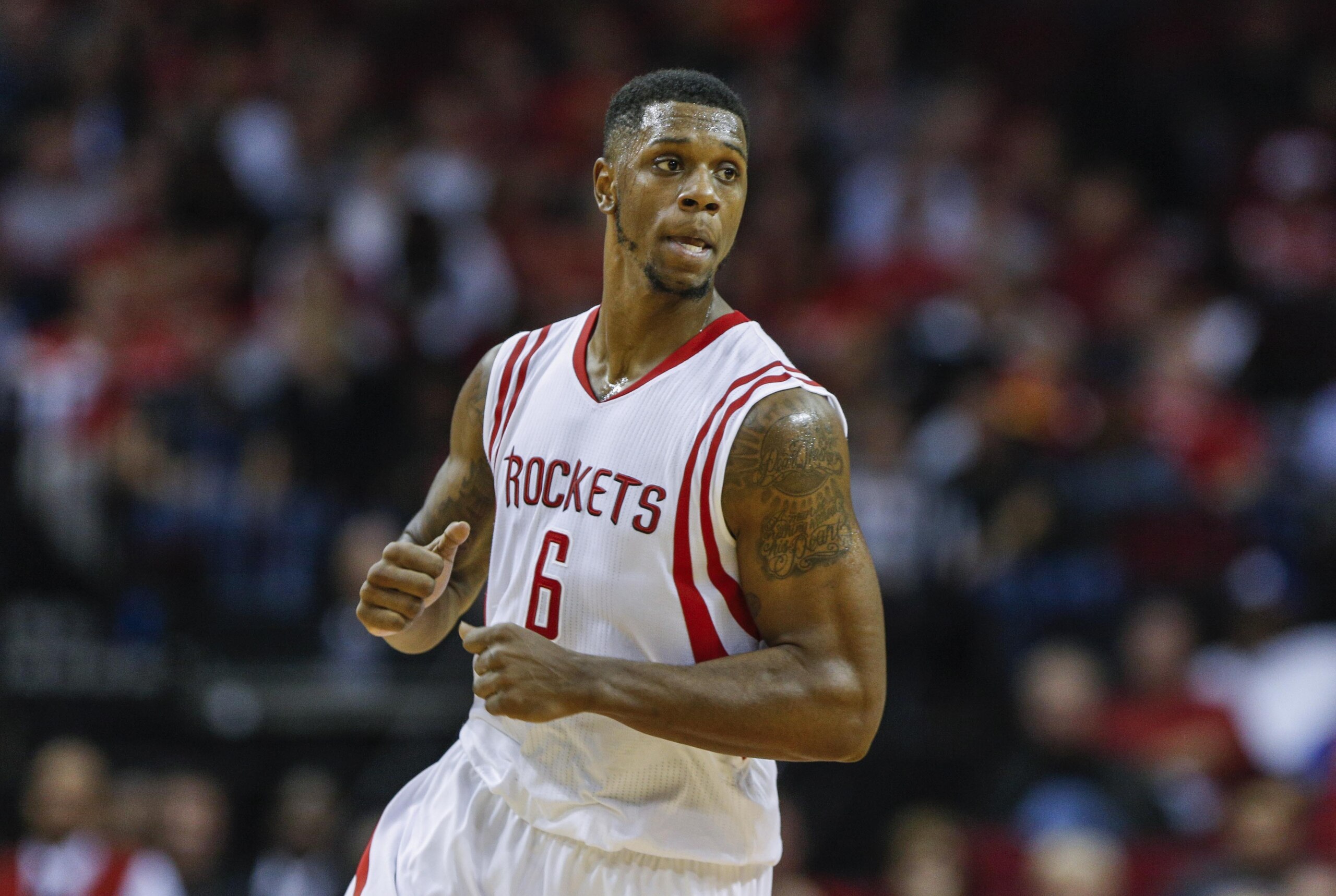 Nov 1, 2014; Houston, TX, USA; Houston Rockets forward Terrence Jones (6) reacts after a play during the fourth quarter against the Boston Celtics at Toyota Center. Mandatory Credit: Troy Taormina-USA TODAY Sports