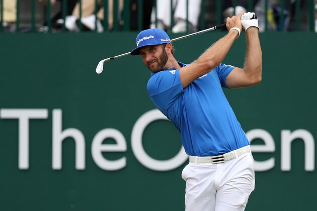 Dustin Johnson of the US plays a shot off the 1st tee during the final round of the British Open Golf championship at the Royal Liverpool golf club, Hoylake, England, Sunday July 20, 2014. (AP Photo/Scott Heppell)