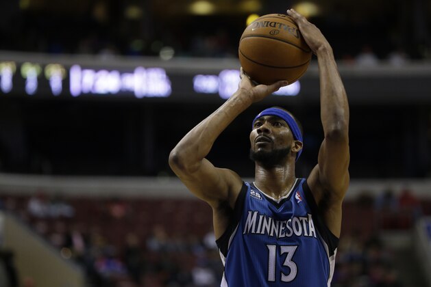 Minnesota Timberwolves' Corey Brewer in action an NBA basketball game against the Philadelphia 76ers, Monday, Jan. 6, 2014, in Philadelphia. (AP Photo/Matt Slocum)
