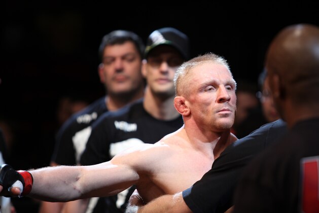 Dennis Siver before entering the Octagon against Nam Phan during a mixed martial arts bout at a UFC on FOX event in Seattle, Saturday, Dec. 8, 2012. Siver won via 3-round unanimous decision. (AP Photo/Gregory Payan)